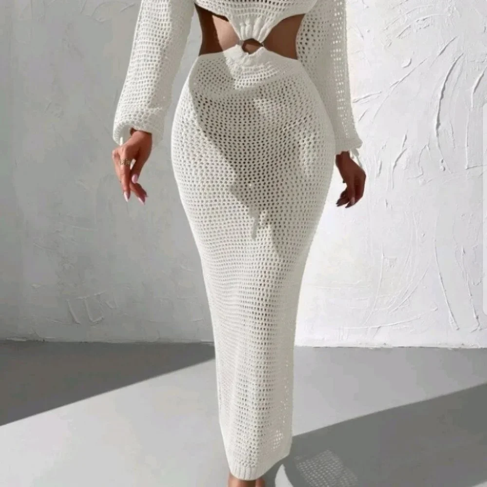White knit cut out cover up dress summer beachy vacay - Picture 7 of 8